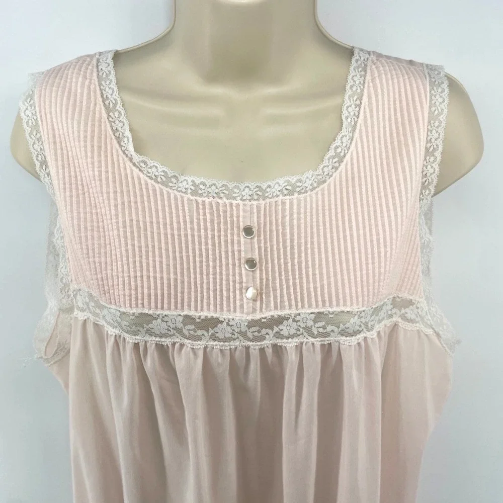 Vintage BARBIZON Nightgown L Pink Babydoll Sleeveless Lace Trim Pintucks Cottage
